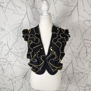 Simon Chang Artsy Ruffle Zipper Open Front Cropped Vest